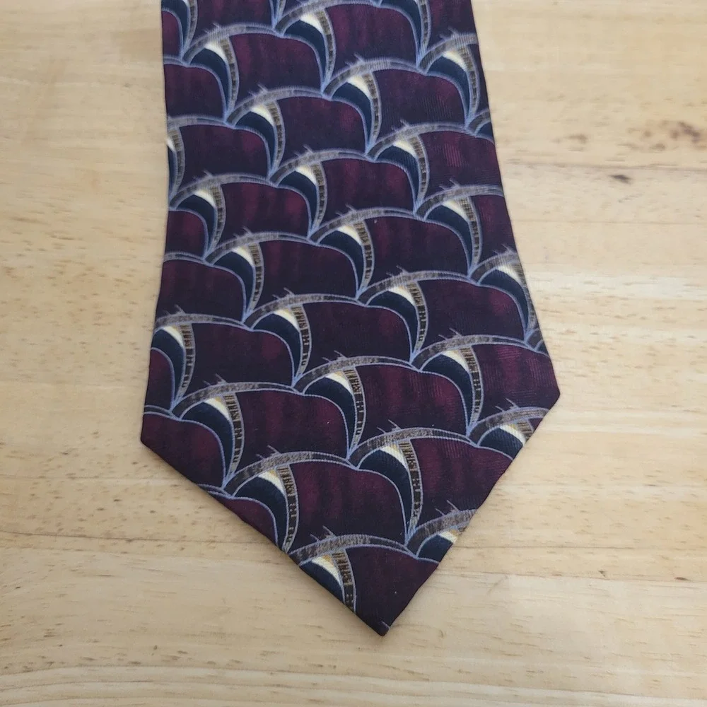 JZ Richards Men Burgundy Purple Geometric Fan Silk Necktie Hand Made in USA